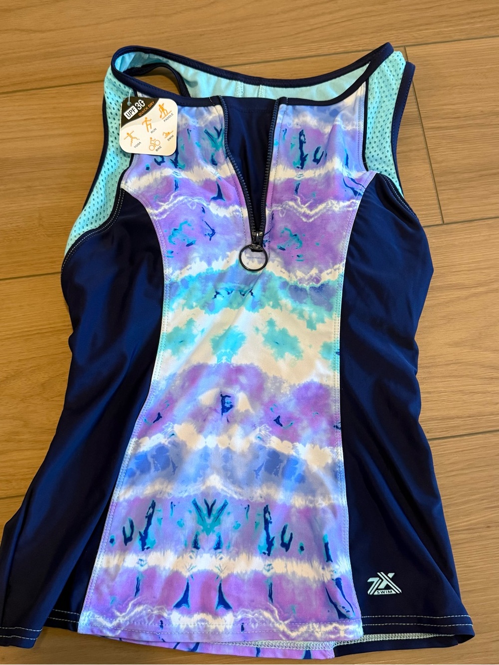 Kids Active One-Piece Swim Top - Navy with Purple & Teal Print